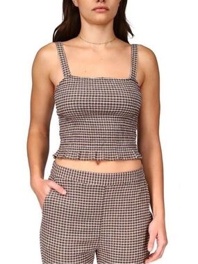 Sanctuary Brown Gingham Plaid Smocked Crop Tank Top Size Medium